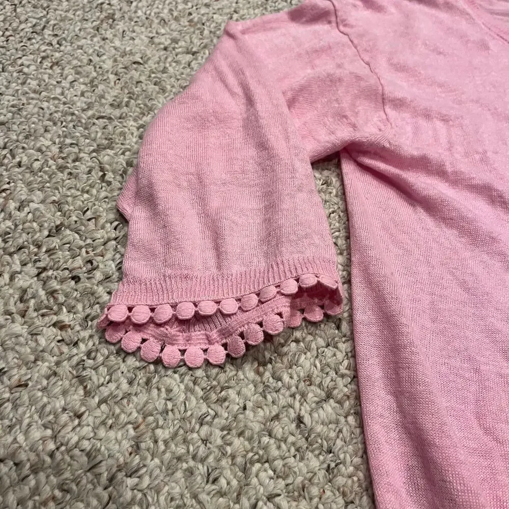 J Crew Linen Sweater Pom Pom Trim Pink L Feminine Lagenlook Coastal Classic